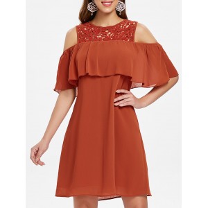 Open Shoulder Lace Panel Shift Dress - Chestnut Red